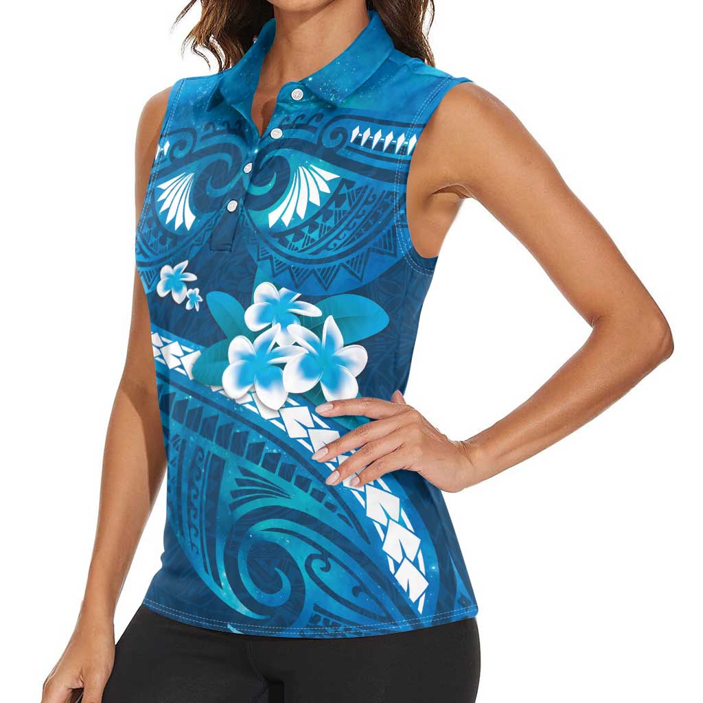Blue Polynesia Women Sleeveless Polo Shirt Tribal Pattern Tropical Frangipani