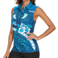 Blue Polynesia Women Sleeveless Polo Shirt Tribal Pattern Tropical Frangipani