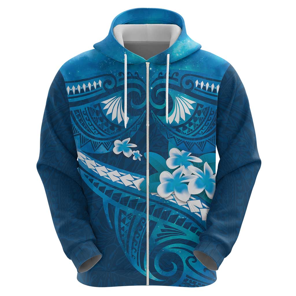 Blue Polynesia Zip Hoodie Tribal Pattern Tropical Frangipani LT14 - Polynesian Pride