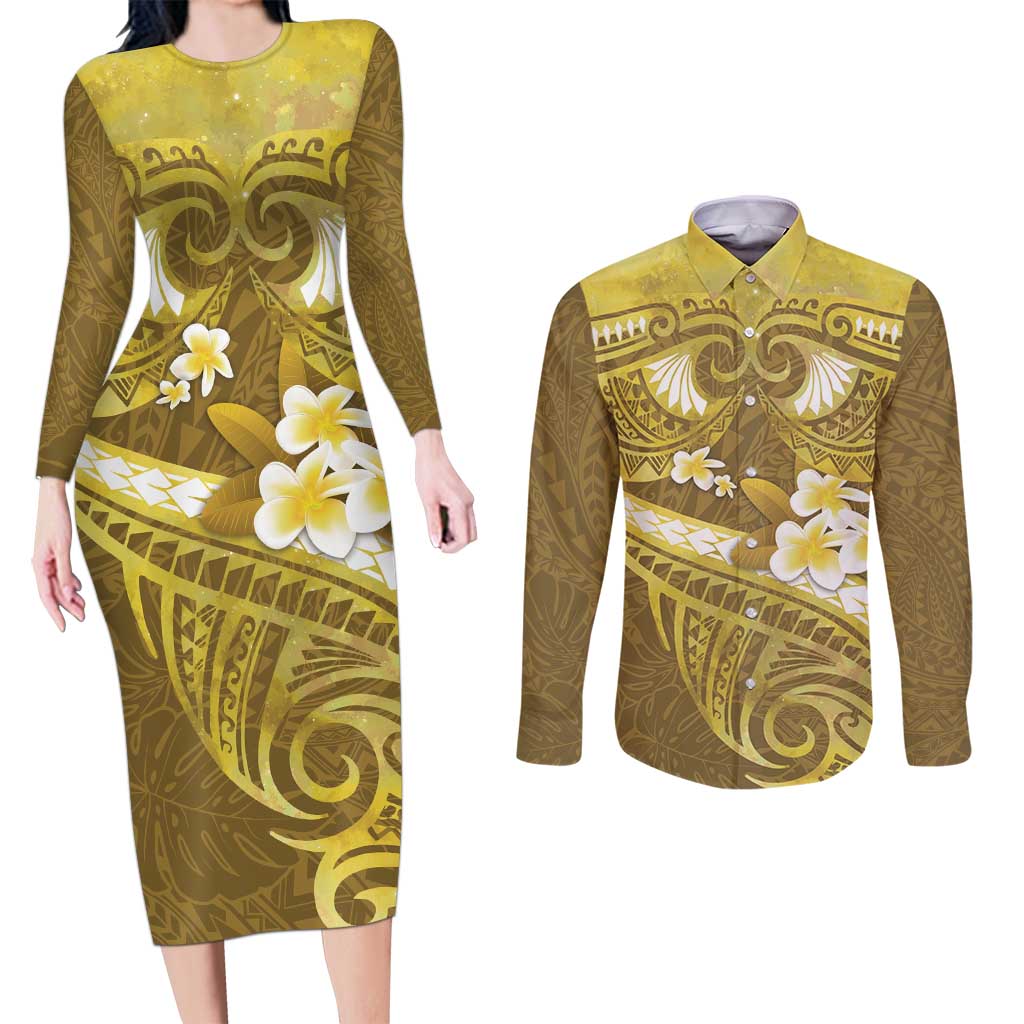 Gold Polynesia Couples Matching Long Sleeve Bodycon Dress and Long Sleeve Button Shirt Tribal Pattern Tropical Frangipani LT14 Gold - Polynesian Pride