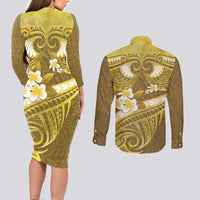 Gold Polynesia Couples Matching Long Sleeve Bodycon Dress and Long Sleeve Button Shirt Tribal Pattern Tropical Frangipani