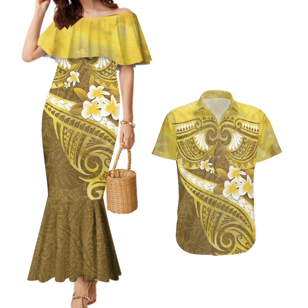 Gold Polynesia Couples Matching Mermaid Dress and Hawaiian Shirt Tribal Pattern Tropical Frangipani LT14 Gold - Polynesian Pride