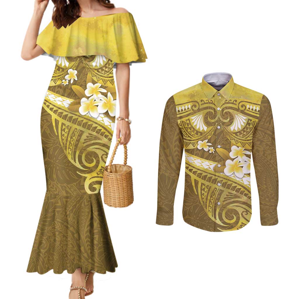 Gold Polynesia Couples Matching Mermaid Dress and Long Sleeve Button Shirt Tribal Pattern Tropical Frangipani LT14 Gold - Polynesian Pride