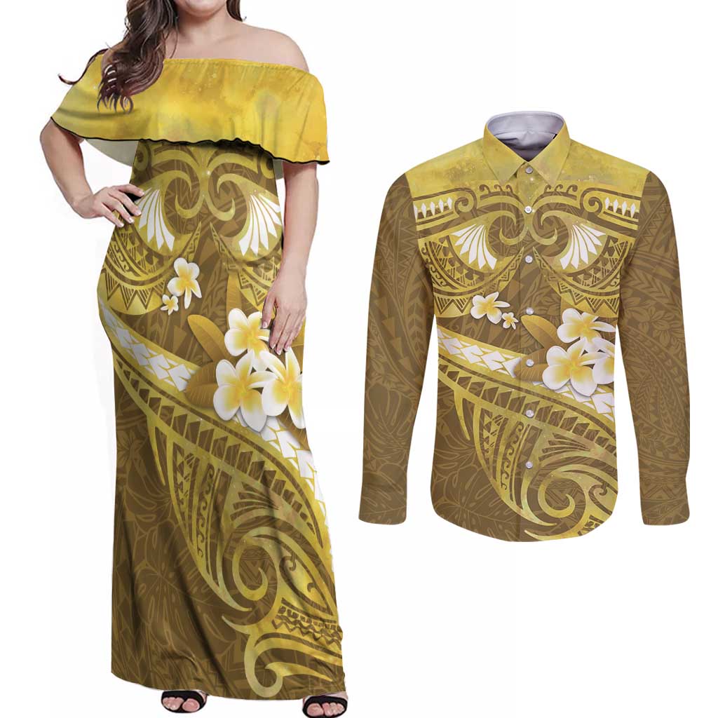 Gold Polynesia Couples Matching Off Shoulder Maxi Dress and Long Sleeve Button Shirt Tribal Pattern Tropical Frangipani LT14 Gold - Polynesian Pride