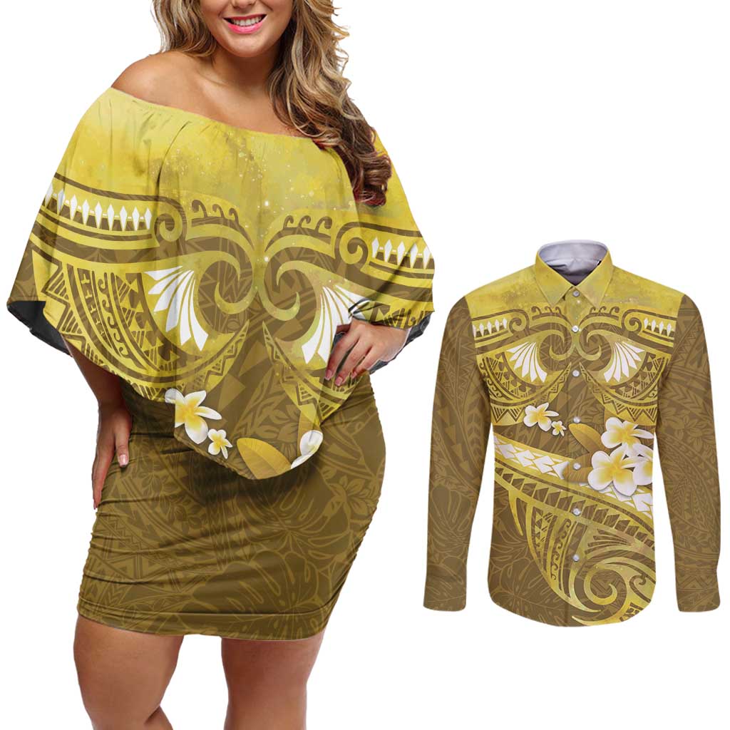Gold Polynesia Couples Matching Off Shoulder Short Dress and Long Sleeve Button Shirt Tribal Pattern Tropical Frangipani LT14 Gold - Polynesian Pride