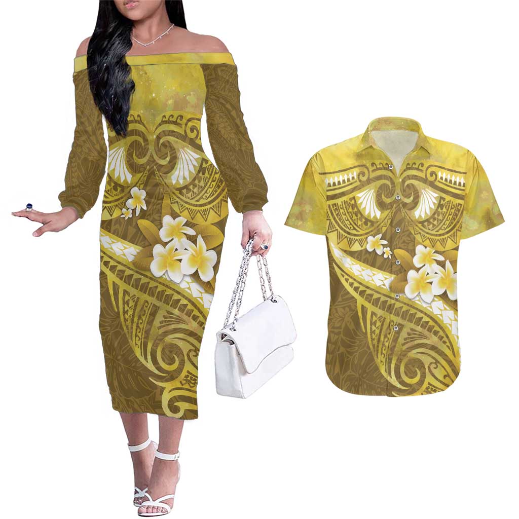 Gold Polynesia Couples Matching Off The Shoulder Long Sleeve Dress and Hawaiian Shirt Tribal Pattern Tropical Frangipani