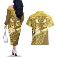 Gold Polynesia Couples Matching Off The Shoulder Long Sleeve Dress and Hawaiian Shirt Tribal Pattern Tropical Frangipani