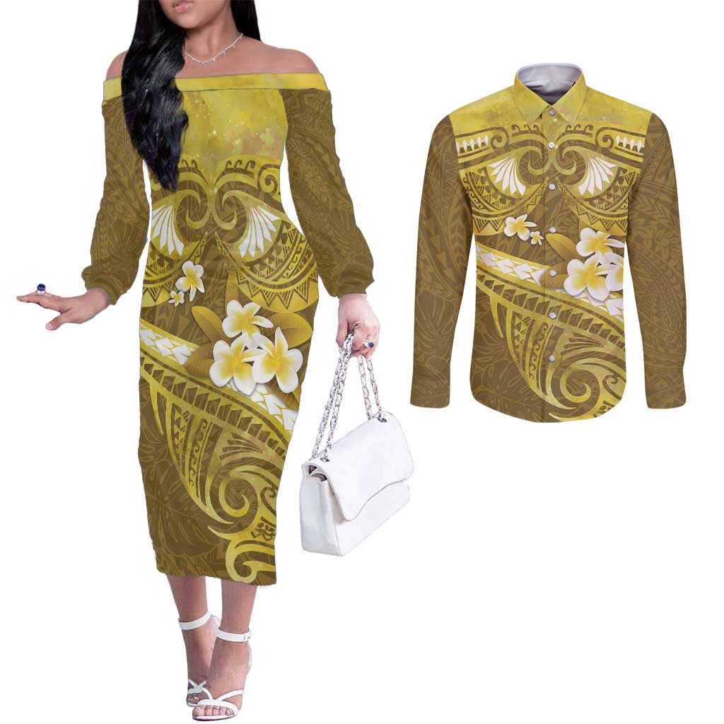 Gold Polynesia Couples Matching Off The Shoulder Long Sleeve Dress and Long Sleeve Button Shirt Tribal Pattern Tropical Frangipani LT14 Gold - Polynesian Pride
