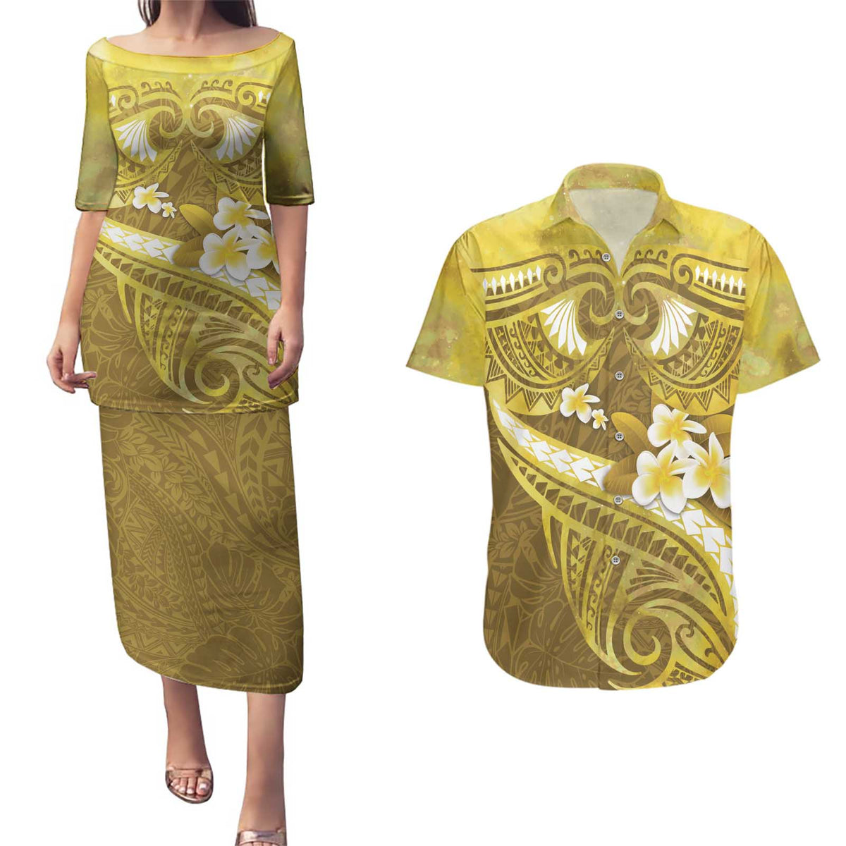 Gold Polynesia Couples Matching Puletasi and Hawaiian Shirt Tribal Pattern Tropical Frangipani