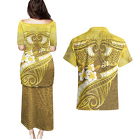 Gold Polynesia Couples Matching Puletasi and Hawaiian Shirt Tribal Pattern Tropical Frangipani