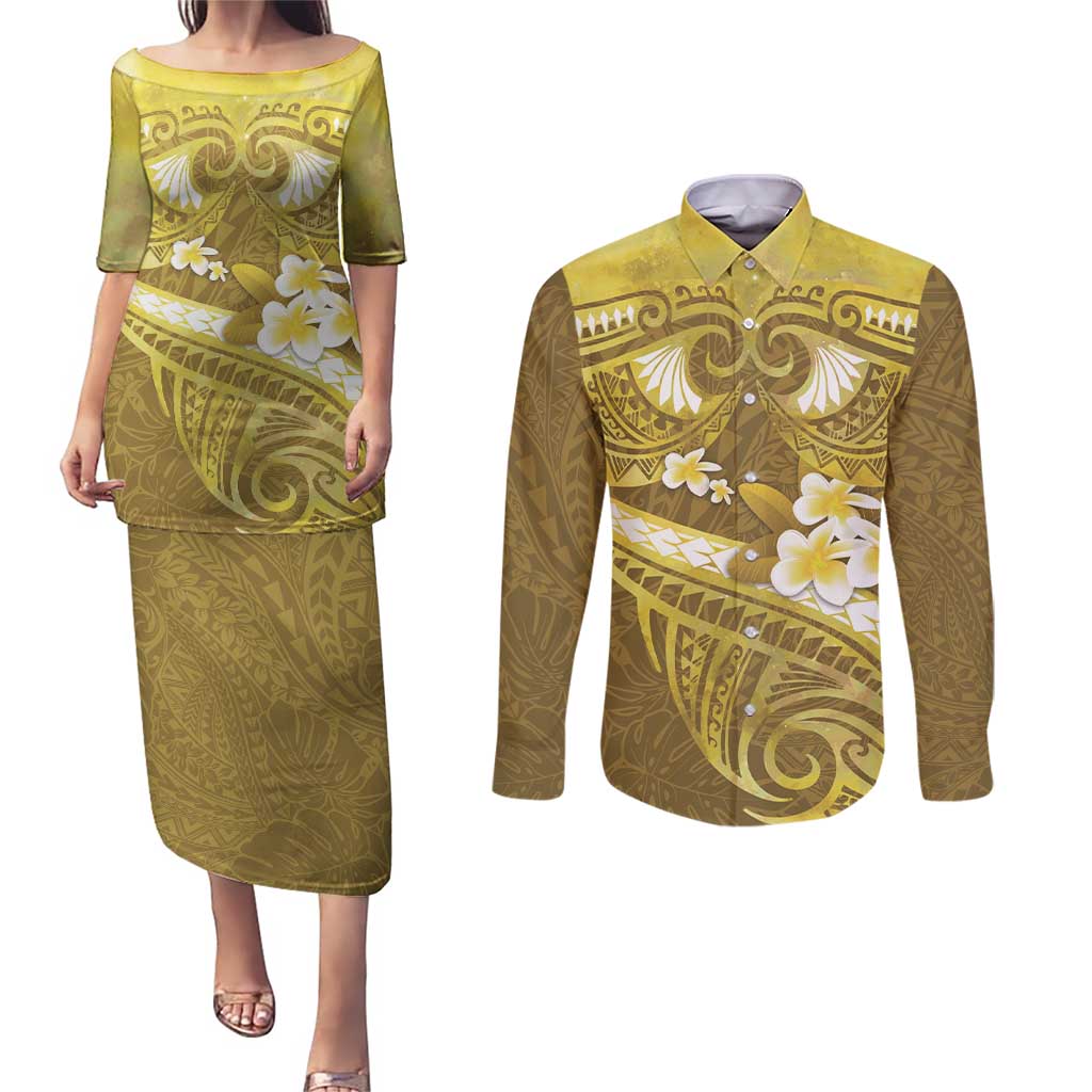 Gold Polynesia Couples Matching Puletasi and Long Sleeve Button Shirt Tribal Pattern Tropical Frangipani LT14 Gold - Polynesian Pride