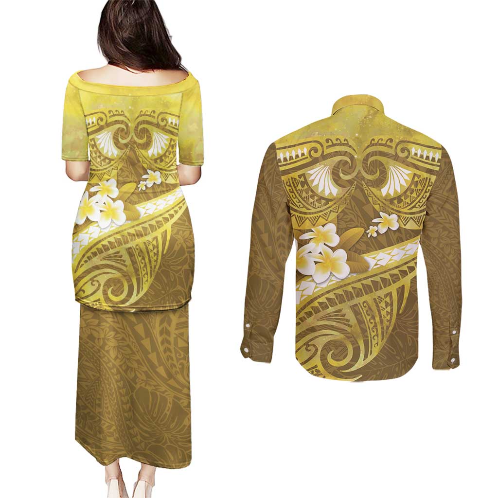 Gold Polynesia Couples Matching Puletasi and Long Sleeve Button Shirt Tribal Pattern Tropical Frangipani
