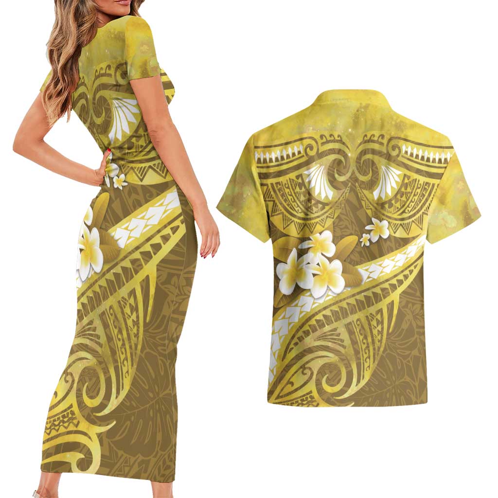 Gold Polynesia Couples Matching Short Sleeve Bodycon Dress and Hawaiian Shirt Tribal Pattern Tropical Frangipani