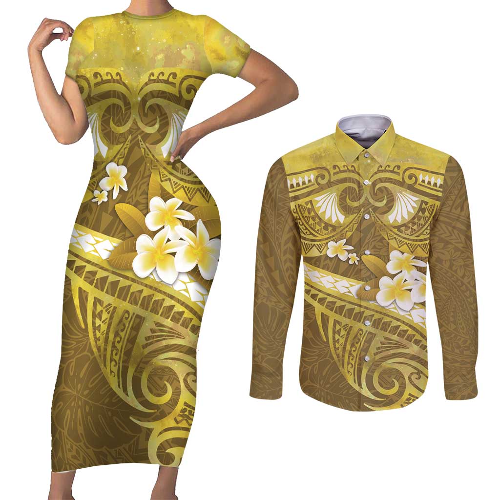 Gold Polynesia Couples Matching Short Sleeve Bodycon Dress and Long Sleeve Button Shirt Tribal Pattern Tropical Frangipani LT14 Gold - Polynesian Pride