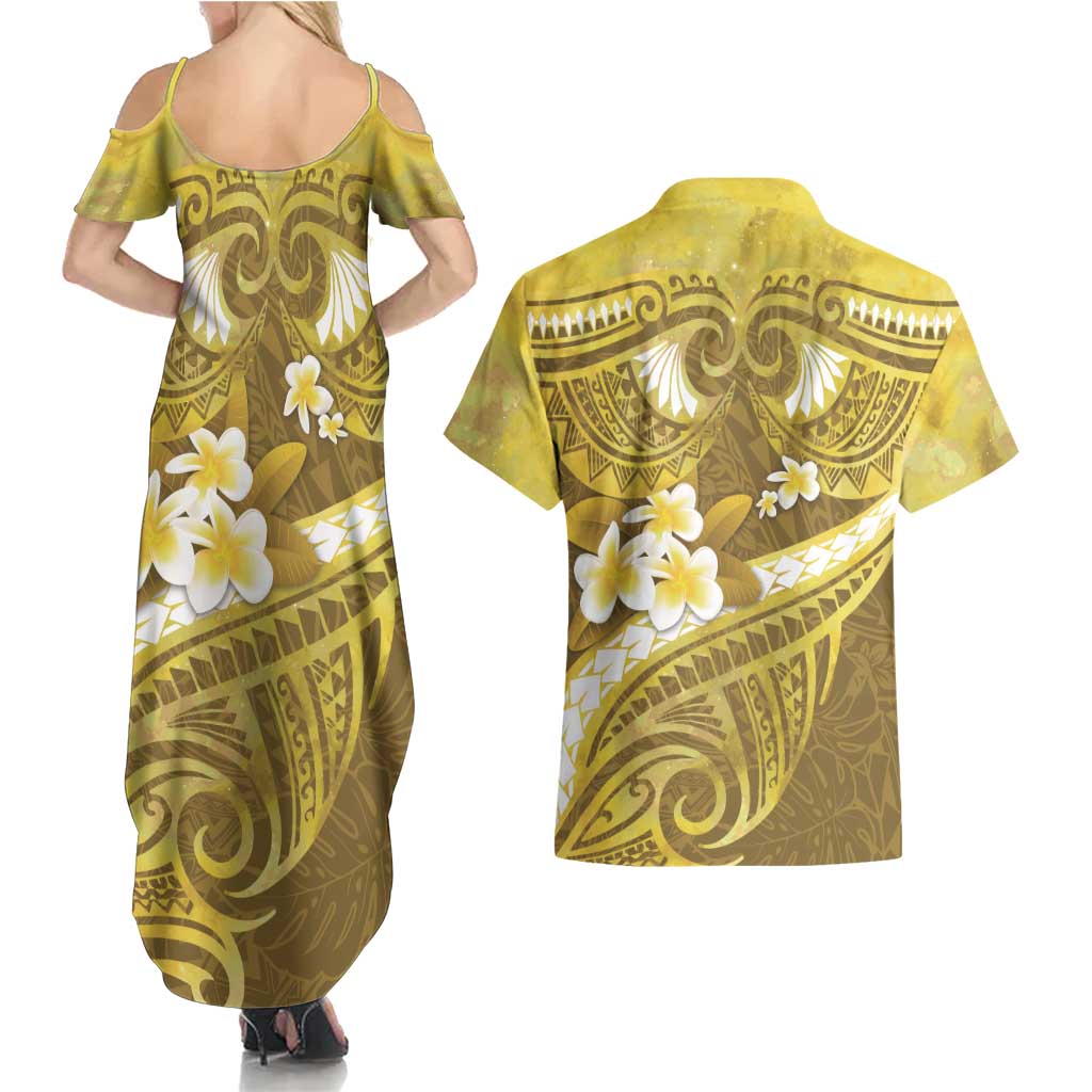 Gold Polynesia Couples Matching Summer Maxi Dress and Hawaiian Shirt Tribal Pattern Tropical Frangipani