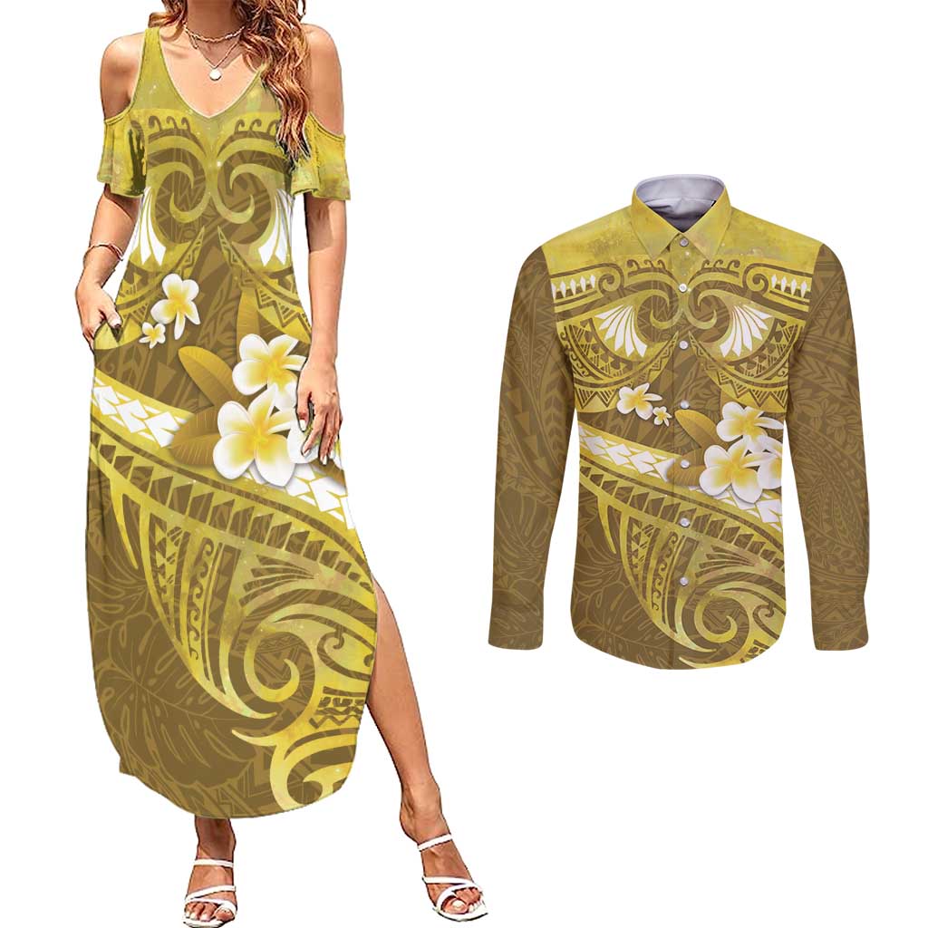Gold Polynesia Couples Matching Summer Maxi Dress and Long Sleeve Button Shirt Tribal Pattern Tropical Frangipani LT14 Gold - Polynesian Pride