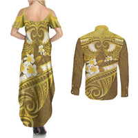 Gold Polynesia Couples Matching Summer Maxi Dress and Long Sleeve Button Shirt Tribal Pattern Tropical Frangipani