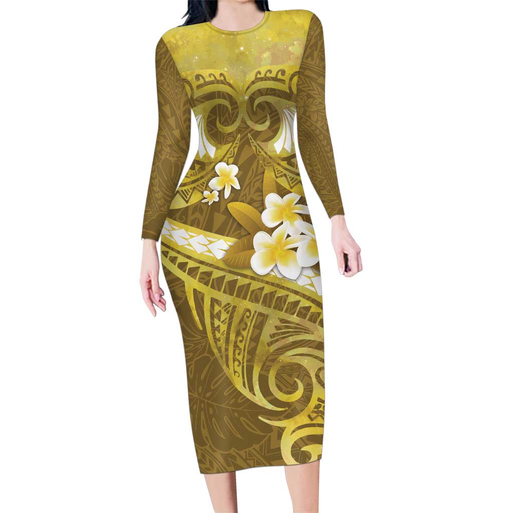 Gold Polynesia Family Matching Long Sleeve Bodycon Dress and Hawaiian Shirt Tribal Pattern Tropical Frangipani