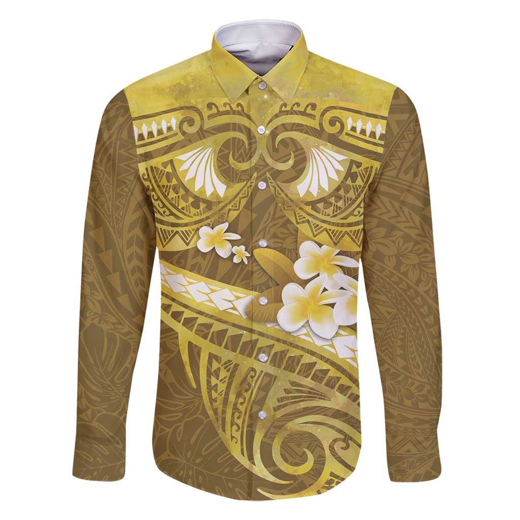Gold Polynesia Family Matching Mermaid Dress and Hawaiian Shirt Tribal Pattern Tropical Frangipani LT14 Dad's Shirt - Long Sleeve Gold - Polynesian Pride