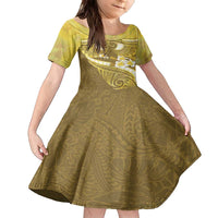 Gold Polynesia Family Matching Off The Shoulder Long Sleeve Dress and Hawaiian Shirt Tribal Pattern Tropical Frangipani LT14 Daughter's Dress Gold - Polynesian Pride