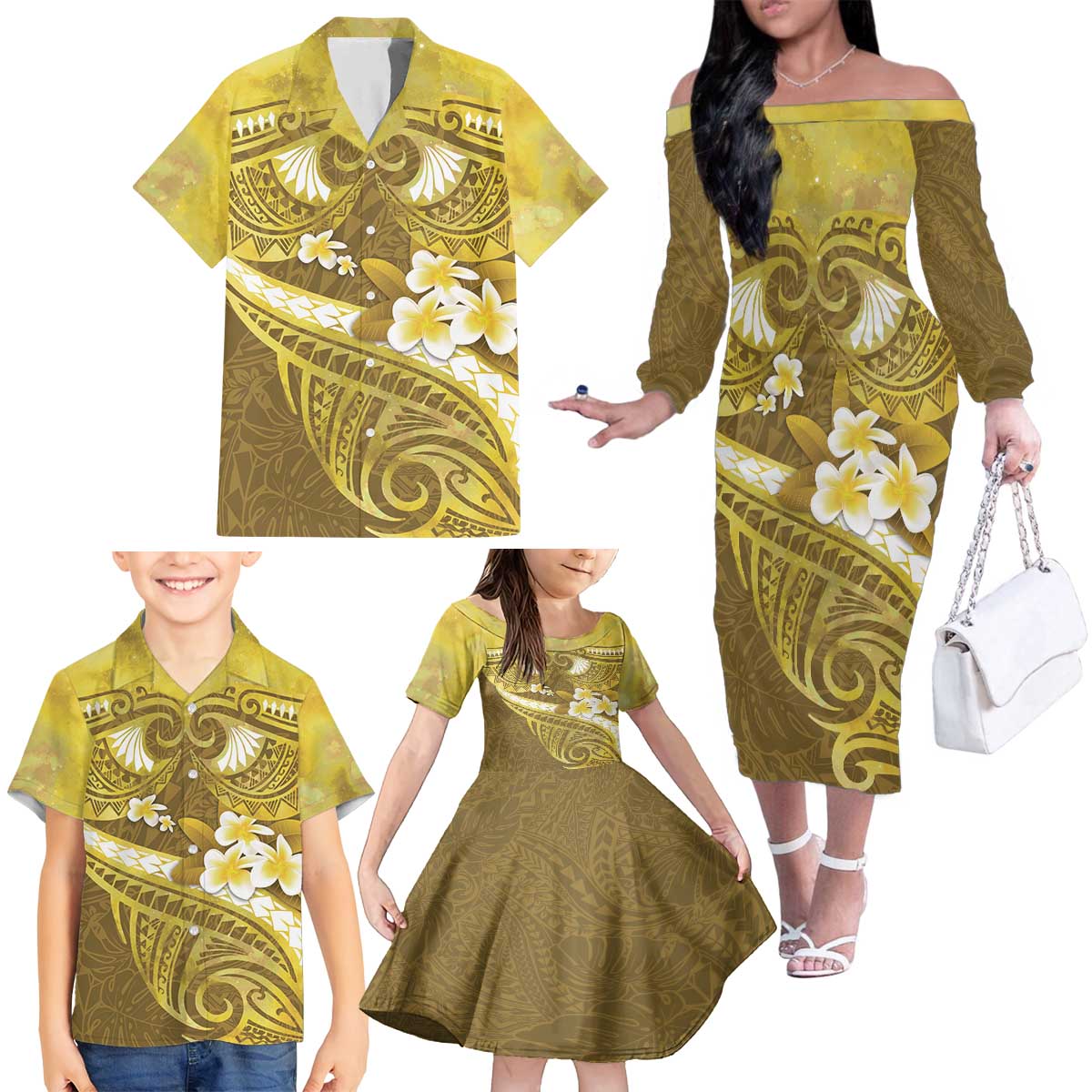 Gold Polynesia Family Matching Off The Shoulder Long Sleeve Dress and Hawaiian Shirt Tribal Pattern Tropical Frangipani LT14 - Polynesian Pride