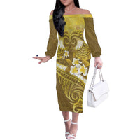 Gold Polynesia Family Matching Off The Shoulder Long Sleeve Dress and Hawaiian Shirt Tribal Pattern Tropical Frangipani LT14 Mom's Dress Gold - Polynesian Pride
