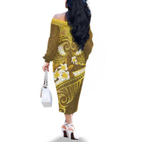 Gold Polynesia Family Matching Off The Shoulder Long Sleeve Dress and Hawaiian Shirt Tribal Pattern Tropical Frangipani LT14 - Polynesian Pride