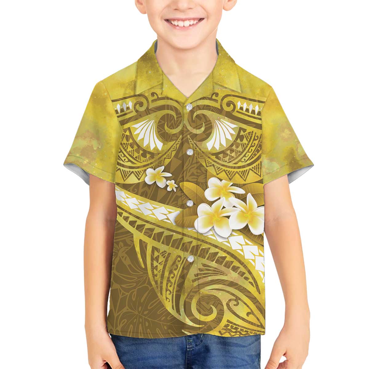 Gold Polynesia Family Matching Off The Shoulder Long Sleeve Dress and Hawaiian Shirt Tribal Pattern Tropical Frangipani LT14 Son's Shirt Gold - Polynesian Pride