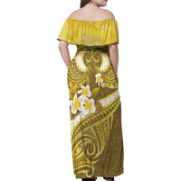 Gold Polynesia Family Matching Off Shoulder Maxi Dress and Hawaiian Shirt Tribal Pattern Tropical Frangipani