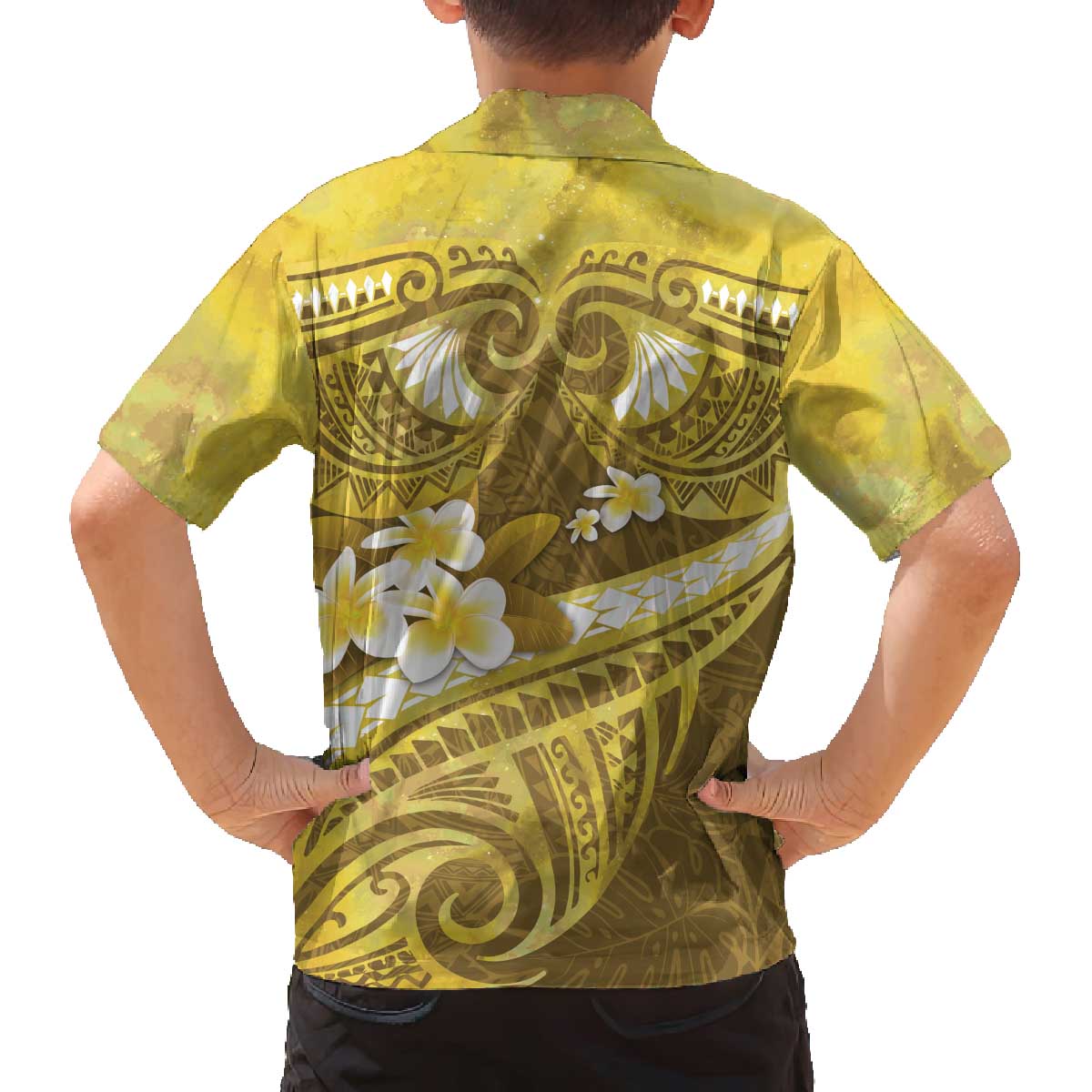 Gold Polynesia Family Matching Off Shoulder Short Dress and Hawaiian Shirt Tribal Pattern Tropical Frangipani LT14 - Polynesian Pride