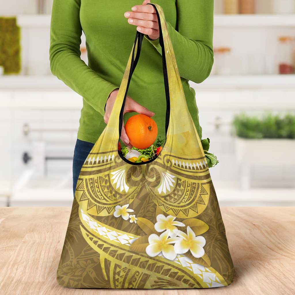 Gold Polynesia Grocery Bag Tribal Pattern Tropical Frangipani