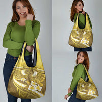 Gold Polynesia Grocery Bag Tribal Pattern Tropical Frangipani