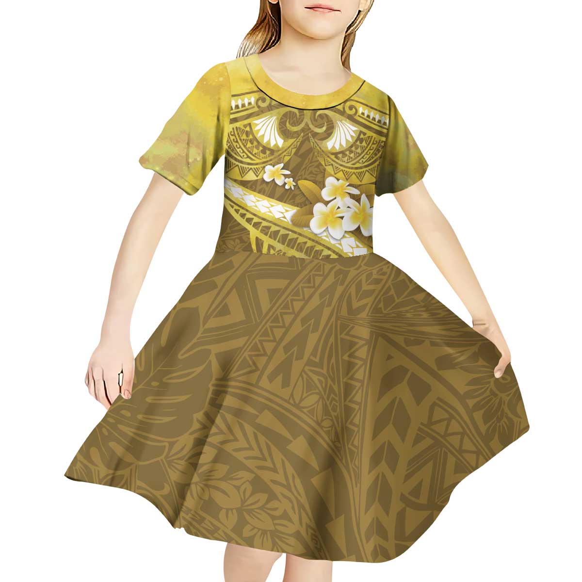 Gold Polynesia Kid Short Sleeve Dress Tribal Pattern Tropical Frangipani