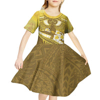 Gold Polynesia Kid Short Sleeve Dress Tribal Pattern Tropical Frangipani