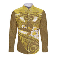 Gold Polynesia Long Sleeve Button Shirt Tribal Pattern Tropical Frangipani LT14 Unisex Gold - Polynesian Pride