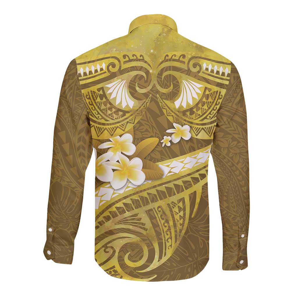 Gold Polynesia Long Sleeve Button Shirt Tribal Pattern Tropical Frangipani LT14 - Polynesian Pride