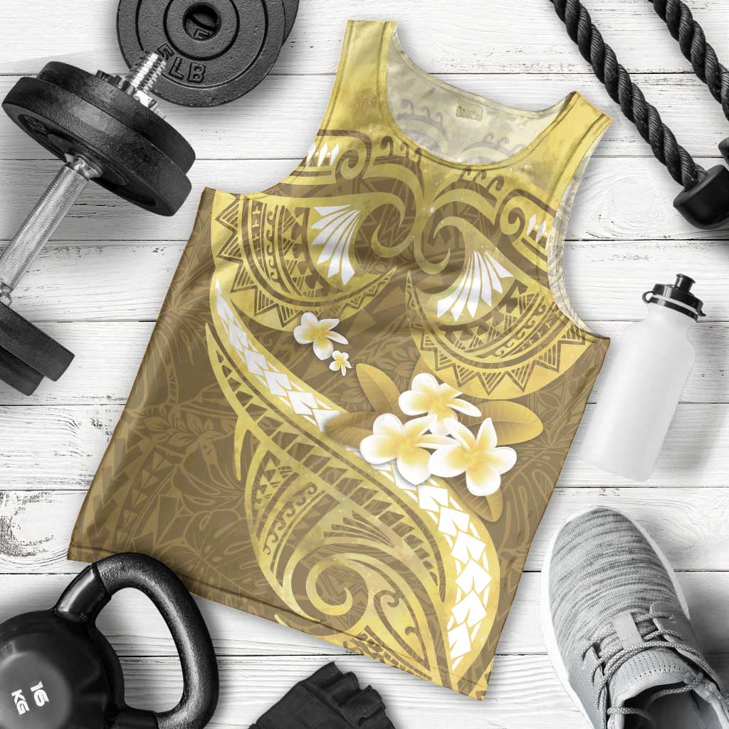 Gold Polynesia Men Tank Top Tribal Pattern Tropical Frangipani