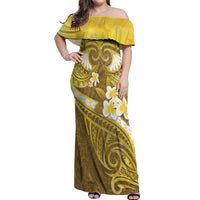 Gold Polynesia Off Shoulder Maxi Dress Tribal Pattern Tropical Frangipani