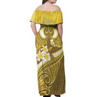 Gold Polynesia Off Shoulder Maxi Dress Tribal Pattern Tropical Frangipani