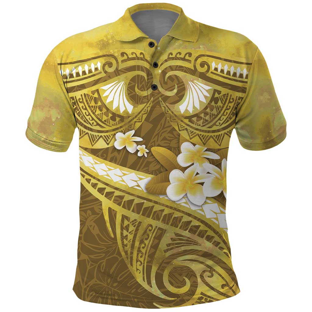 Gold Polynesia Polo Shirt Tribal Pattern Tropical Frangipani