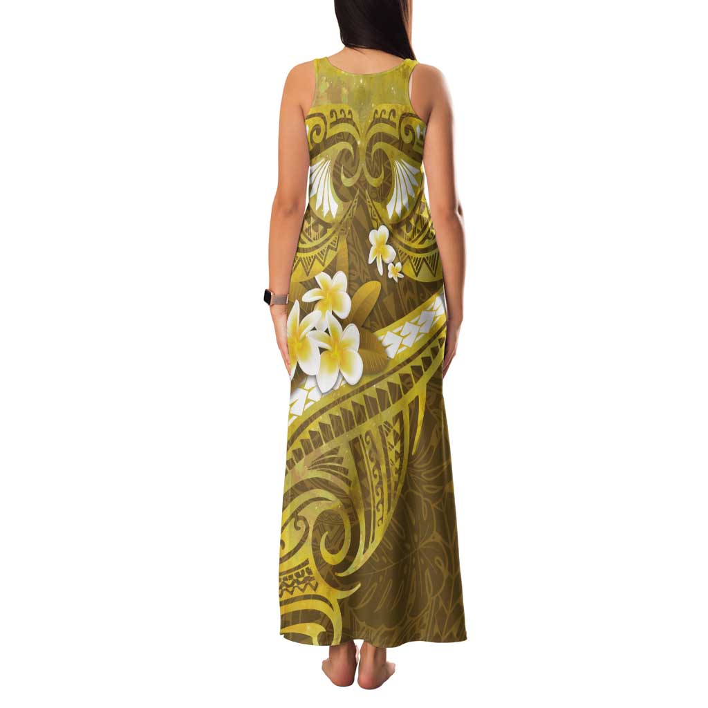 Gold Polynesia Tank Maxi Dress Tribal Pattern Tropical Frangipani