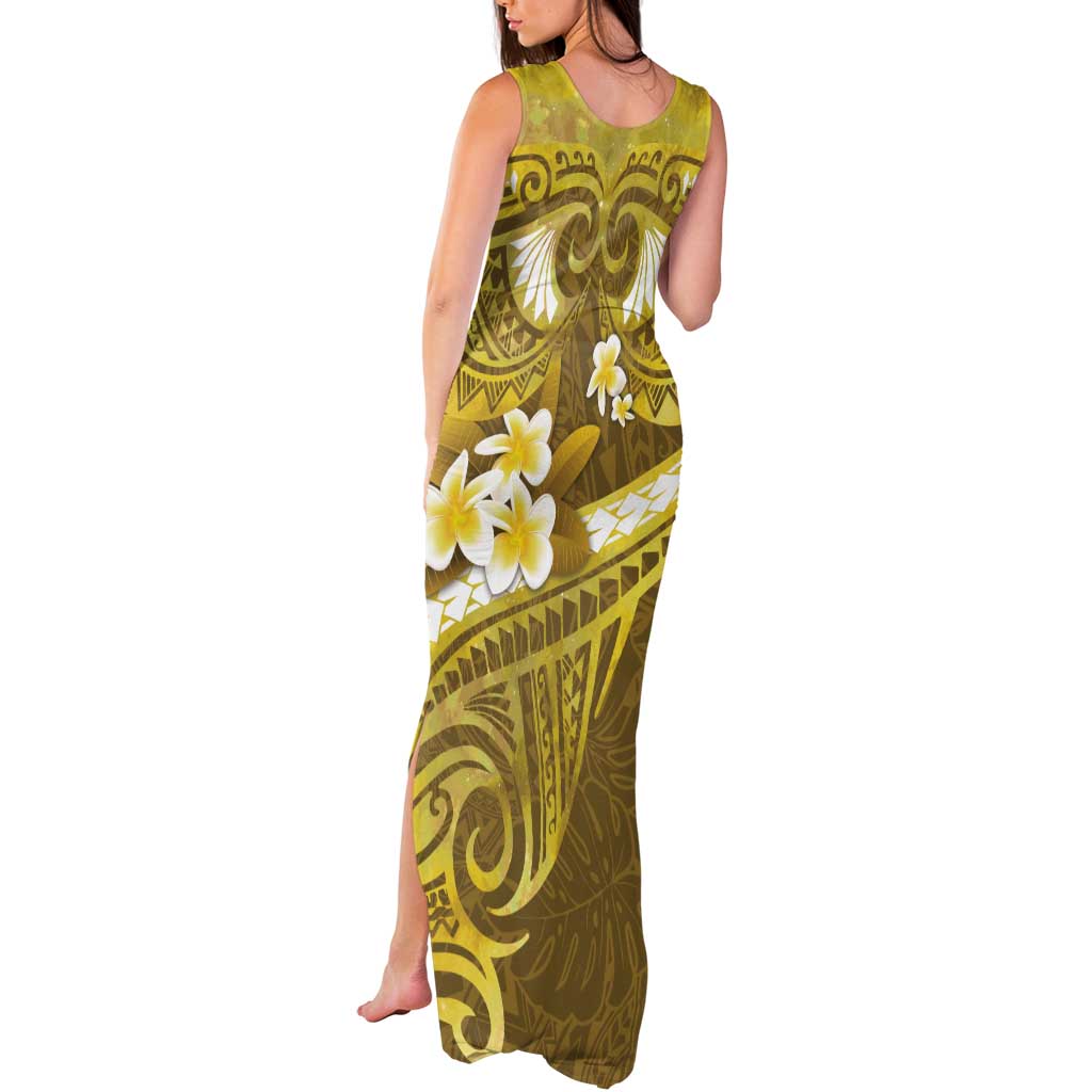 Gold Polynesia Tank Maxi Dress Tribal Pattern Tropical Frangipani