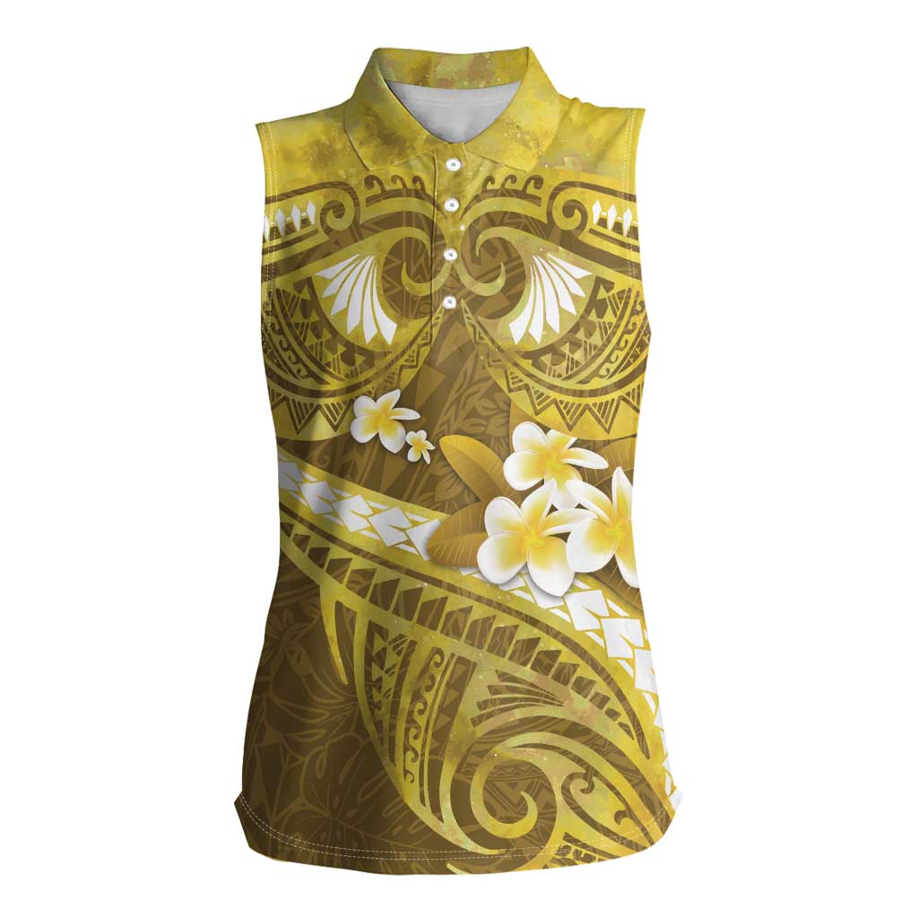 Gold Polynesia Women Sleeveless Polo Shirt Tribal Pattern Tropical Frangipani LT14 Female Gold - Polynesian Pride
