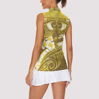 Gold Polynesia Women Sleeveless Polo Shirt Tribal Pattern Tropical Frangipani