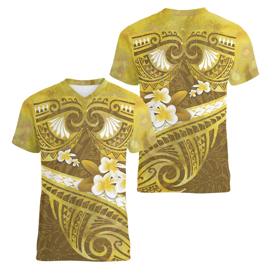 Gold Polynesia Women V-Neck T-Shirt Tribal Pattern Tropical Frangipani