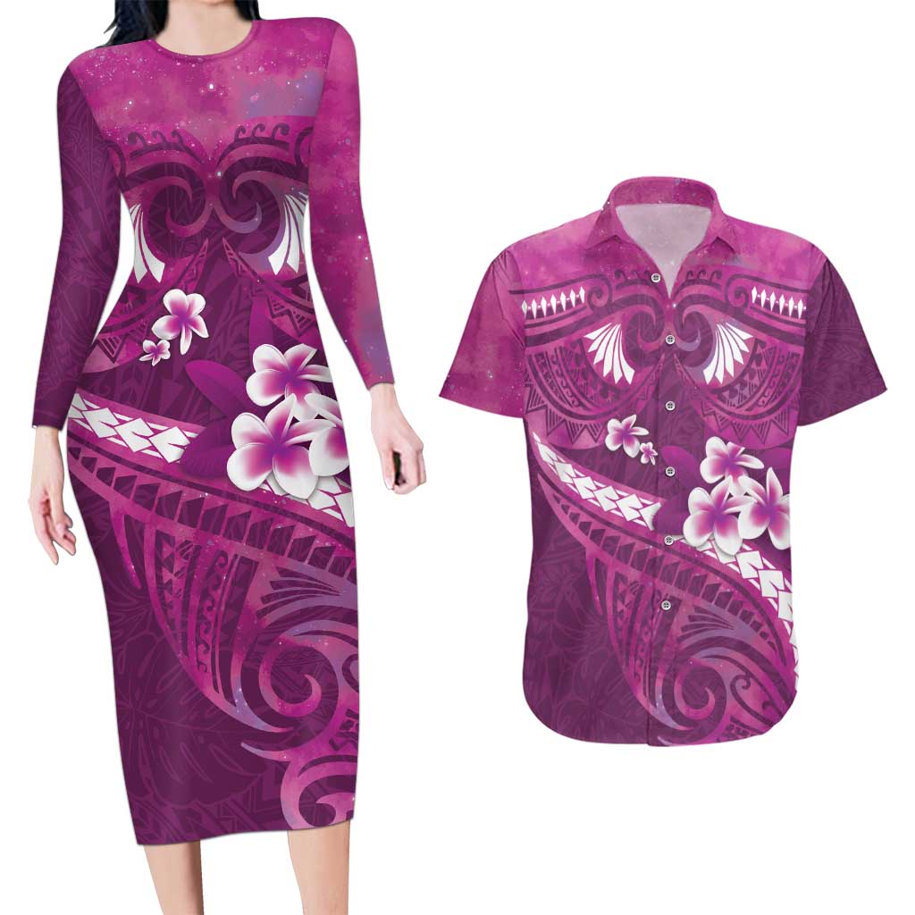 Pink Polynesia Couples Matching Long Sleeve Bodycon Dress and Hawaiian Shirt Tribal Pattern Tropical Frangipani LT14 Pink - Polynesian Pride