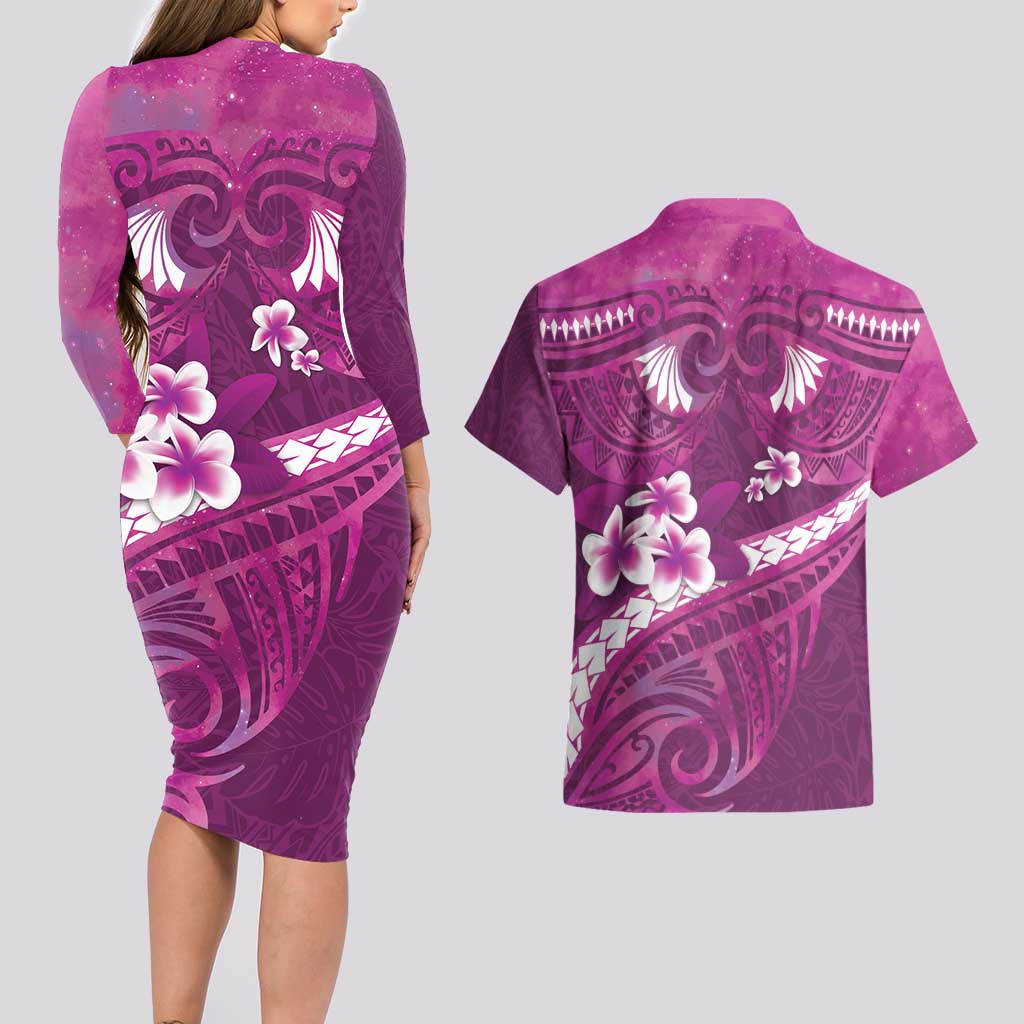 Pink Polynesia Couples Matching Long Sleeve Bodycon Dress and Hawaiian Shirt Tribal Pattern Tropical Frangipani LT14 - Polynesian Pride