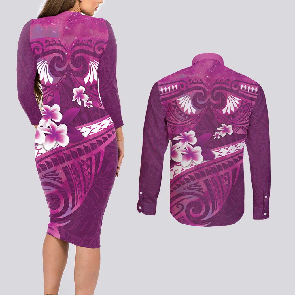 Pink Polynesia Couples Matching Long Sleeve Bodycon Dress and Long Sleeve Button Shirt Tribal Pattern Tropical Frangipani