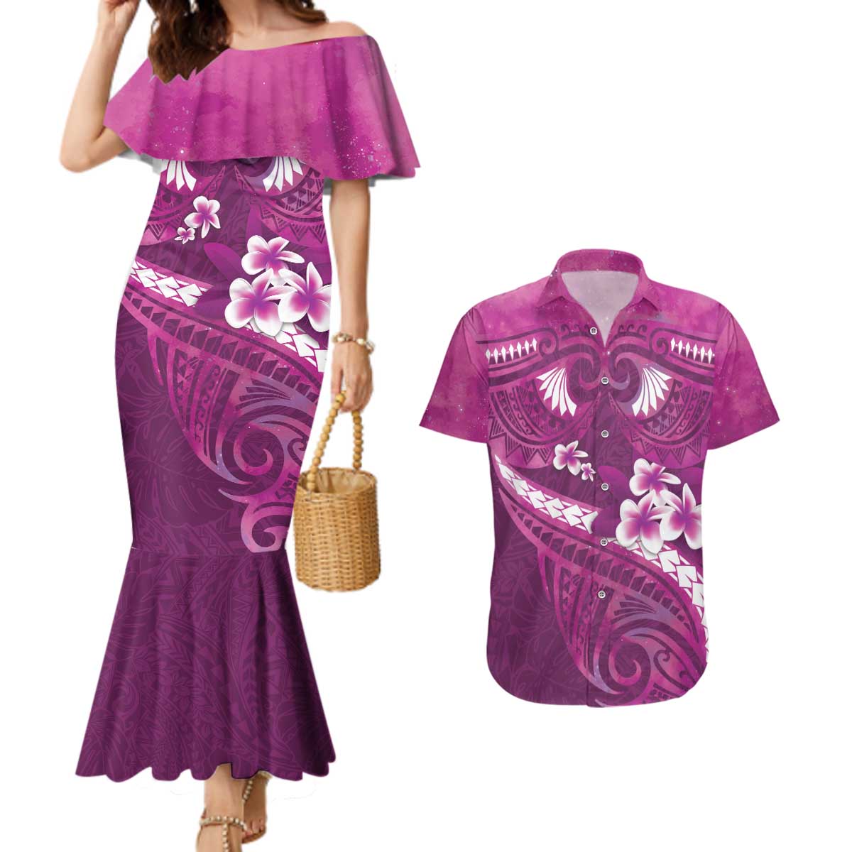 Pink Polynesia Couples Matching Mermaid Dress and Hawaiian Shirt Tribal Pattern Tropical Frangipani LT14 Pink - Polynesian Pride