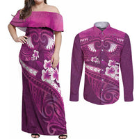 Pink Polynesia Couples Matching Off Shoulder Maxi Dress and Long Sleeve Button Shirt Tribal Pattern Tropical Frangipani